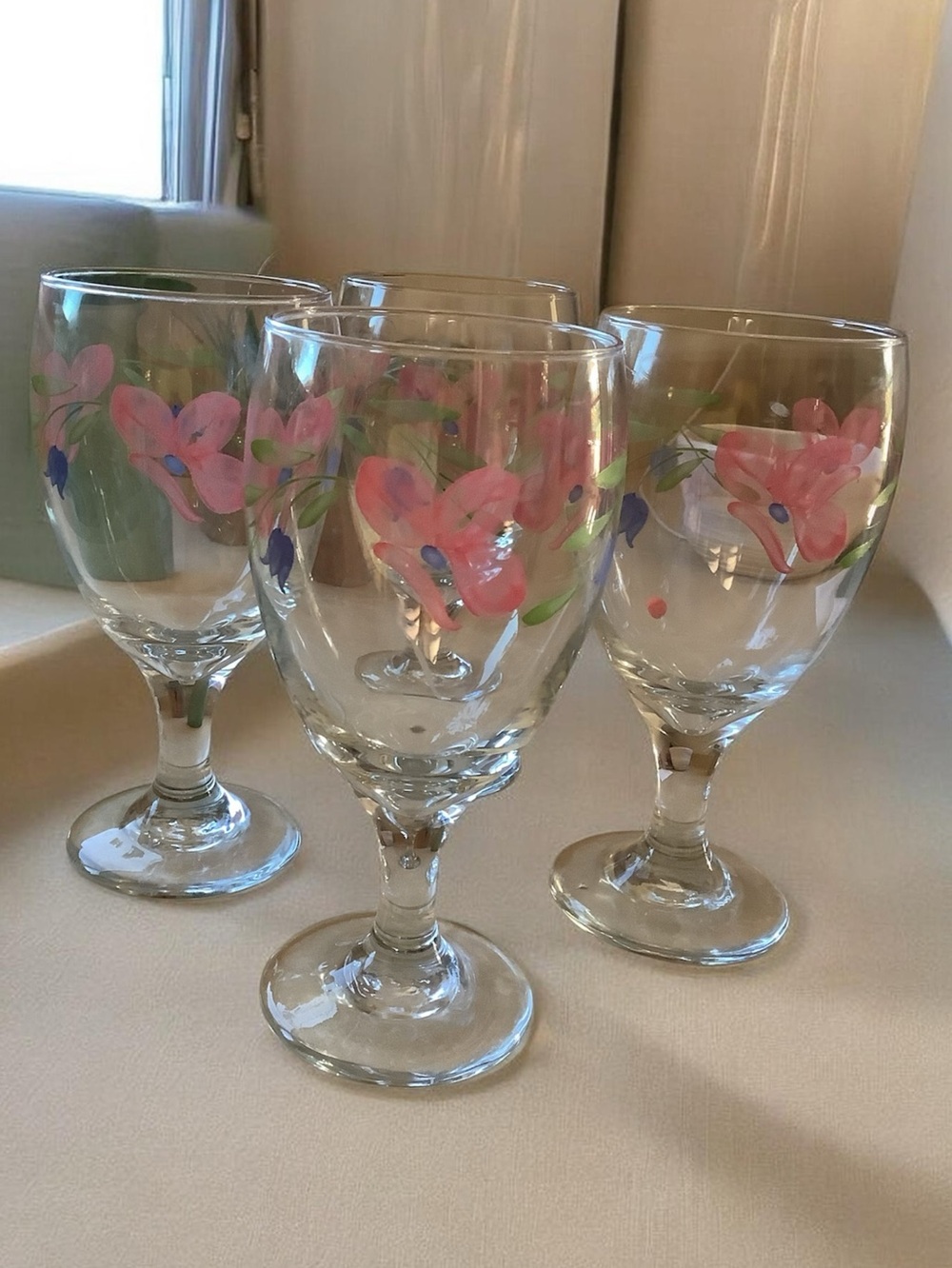 Hand-Painted Pink Floral Glassware - Set of Stemmed glasses